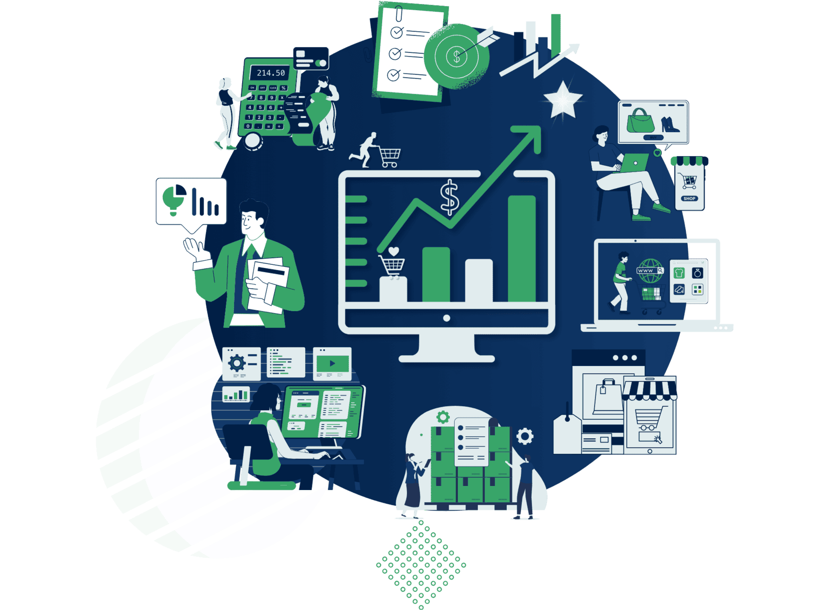 Illustration of GreenTarget e-commerce accounting activities, including data analysis, financial management, and online transactions.