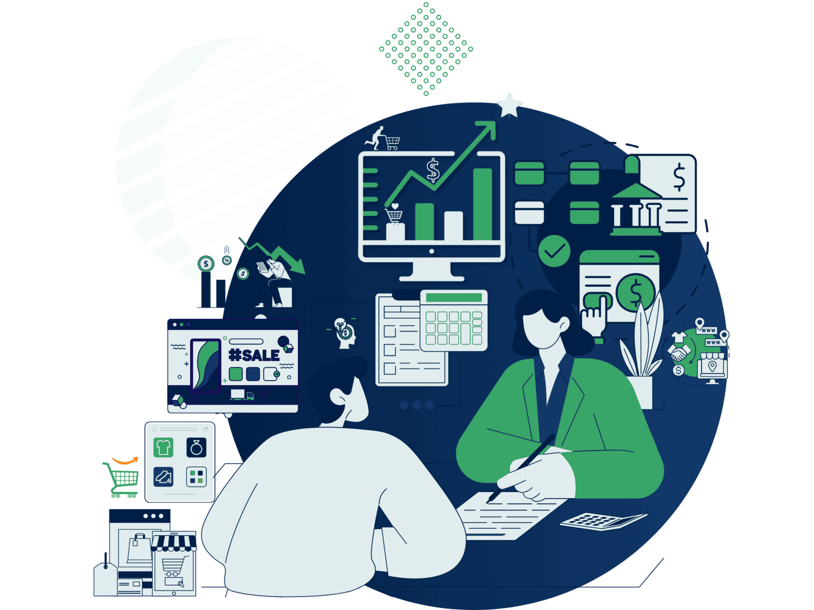 Illustration of e-commerce accounting with various financial elements and a person managing accounts.